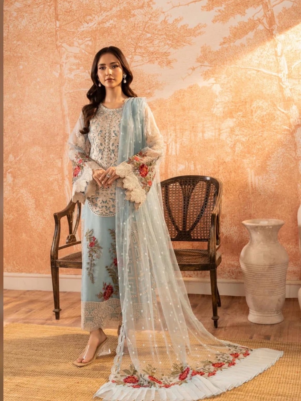 Elegant Light Blue Embroidered Women’s Dress with Floral Accents